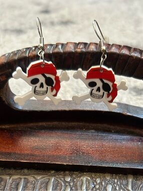 Pirate Skull & Crossbones Dangle Earrings Red Bandana Acrylic
